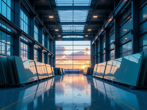 现代化厂房外景,蓝色天空背景下,白色工业建筑群,玻璃幕墙反射阳光,展现现代化工厂形象